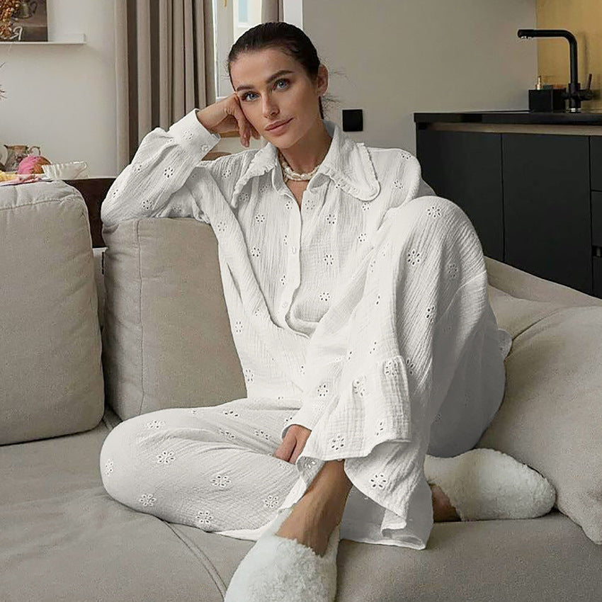 Embroidered Cotton Long Sleeve Pajama Set