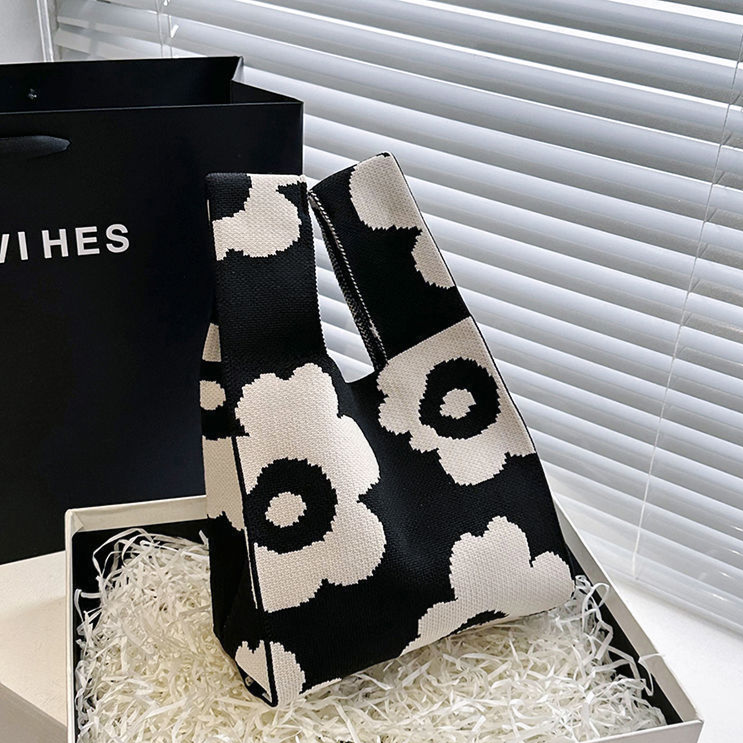 Knitted Woven Handbag with Floral Patterns